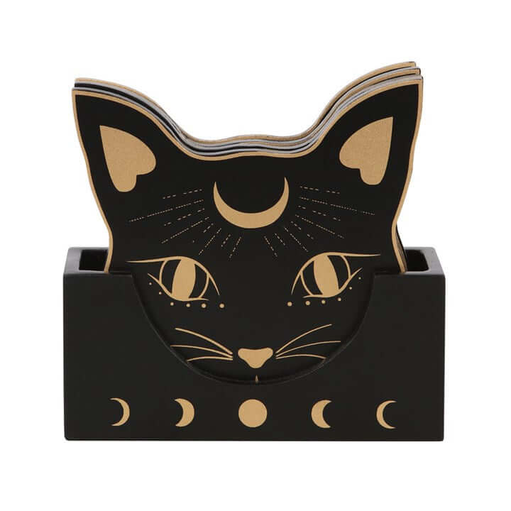 Mystic Mog Cat Face Coaster Set with Holder – Set of 4-Sociodigi