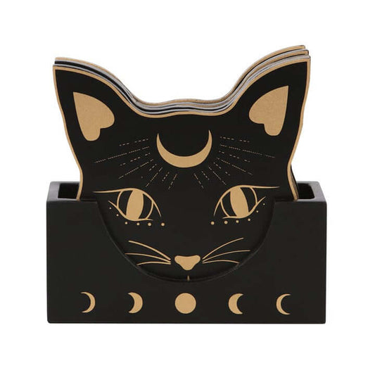 Mystic Mog Cat Face Coaster Set with Holder – Set of 4-Sociodigi