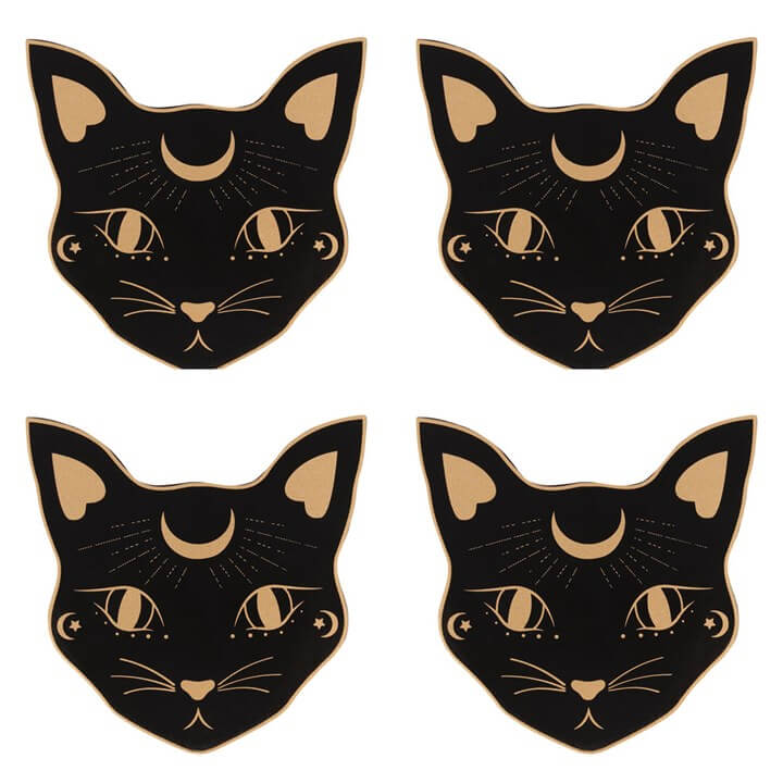 Mystic Mog Cat Face Coaster Set with Holder – Set of 4-Sociodigi