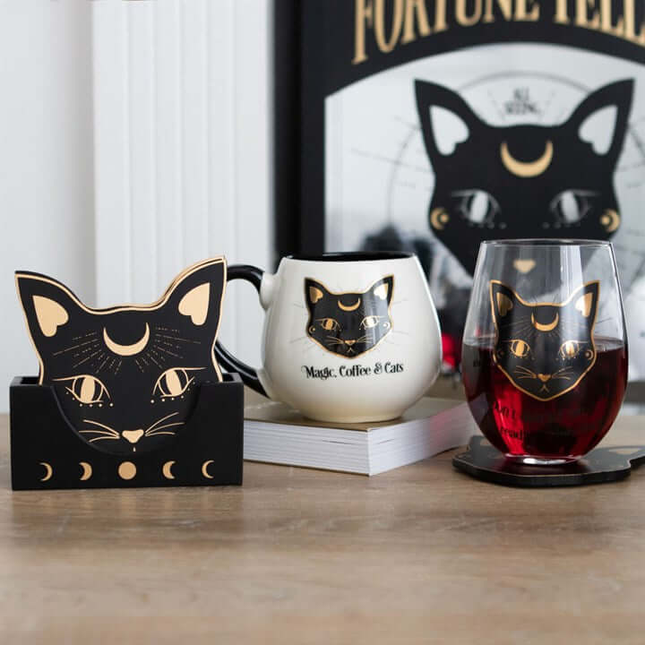 Mystic Mog Cat Face Coaster Set with Holder – Set of 4-Sociodigi