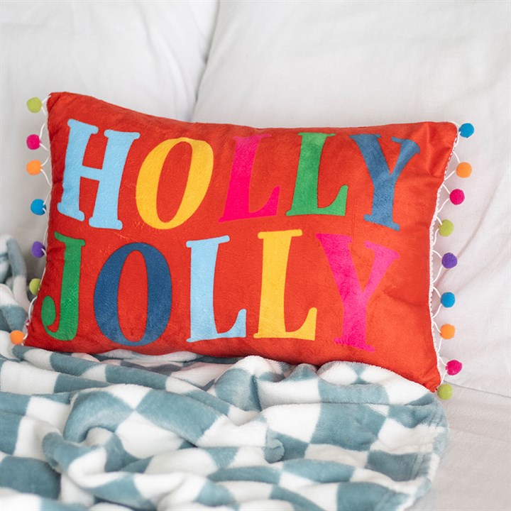 Red Holly Jolly Cushion with Pom Poms-Sociodigi