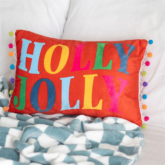 Red Holly Jolly Cushion with Pom Poms-Sociodigi
