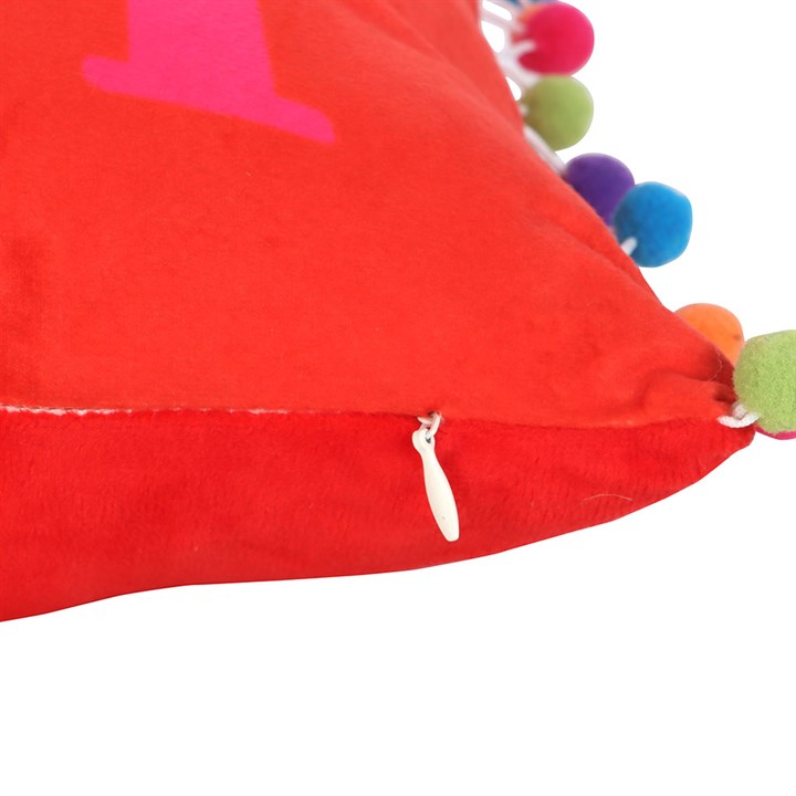 Red Holly Jolly Cushion with Pom Poms-Sociodigi