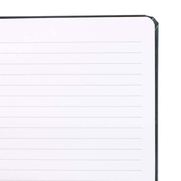 Close-up of a lined notebook page with a black border