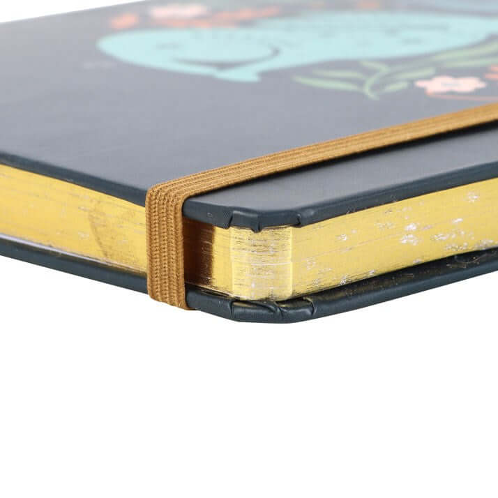 Close-up of a notebook with a floral design on the cover