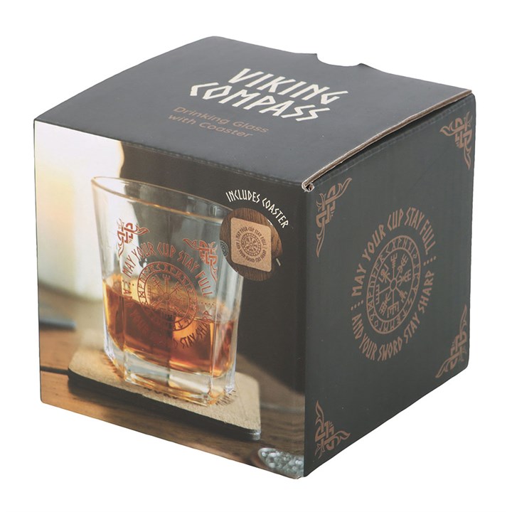 Viking Compass Lowball Drinking Glass with Coaster N/A