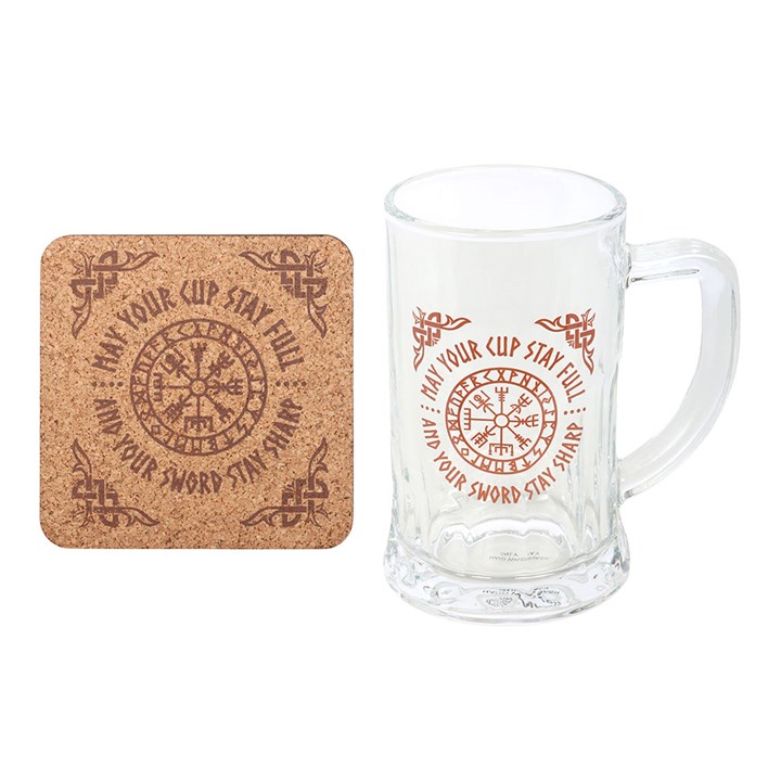 Viking Compass Glass Beer Tankard with Coaster N/A