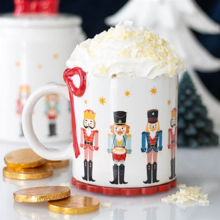 Nutcracker Print Mug with Bow Festive Christmas Hot Chocolate Mug-Sociodigi