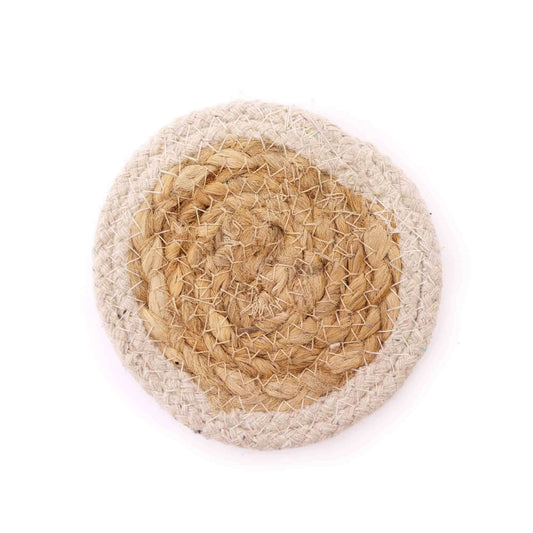 Natural Coaster made from jute and cotton with ivory border, 10cm diameter, set of 4 for home decor.