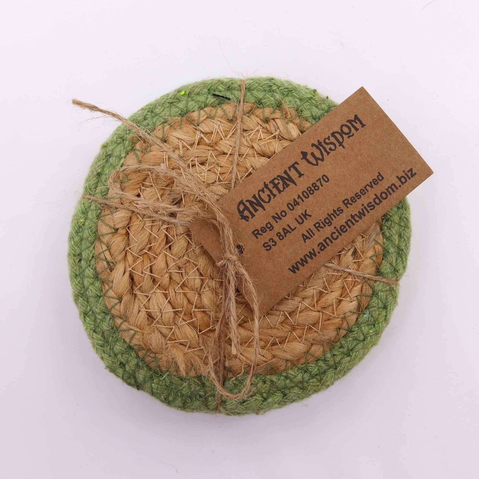 Natural Coaster in jute and cotton with olive border, set of 4. Ideal decorative coaster for any table.