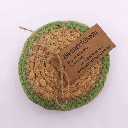 Natural Coaster in jute and cotton with olive border, set of 4. Ideal decorative coaster for any table.