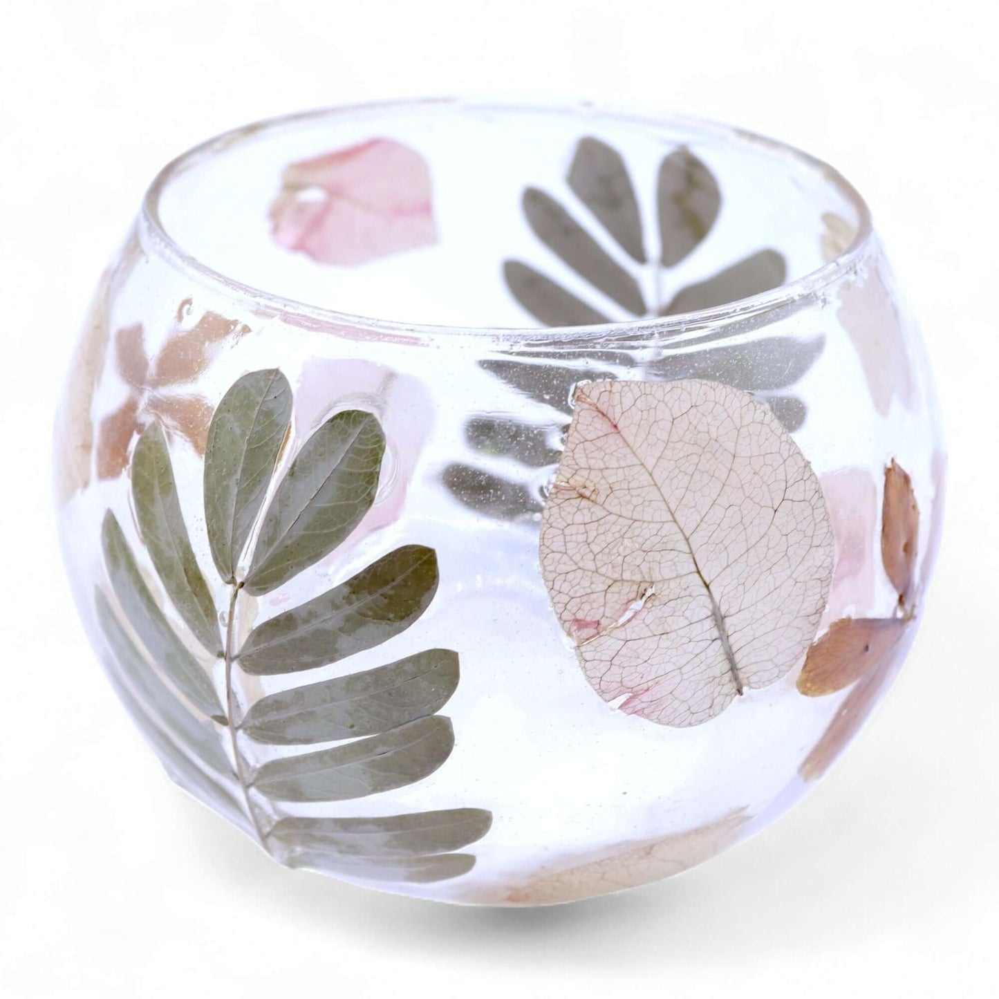 Natural Floral Glass Bowl Candle Holder with pressed leaves, handcrafted from recycled glass, 8x10cm.