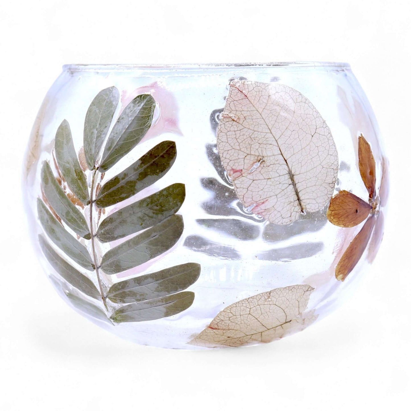 Natural floral glass bowl candle holder with pressed leaves and blossoms, 8x10cm, handcrafted from recycled glass.