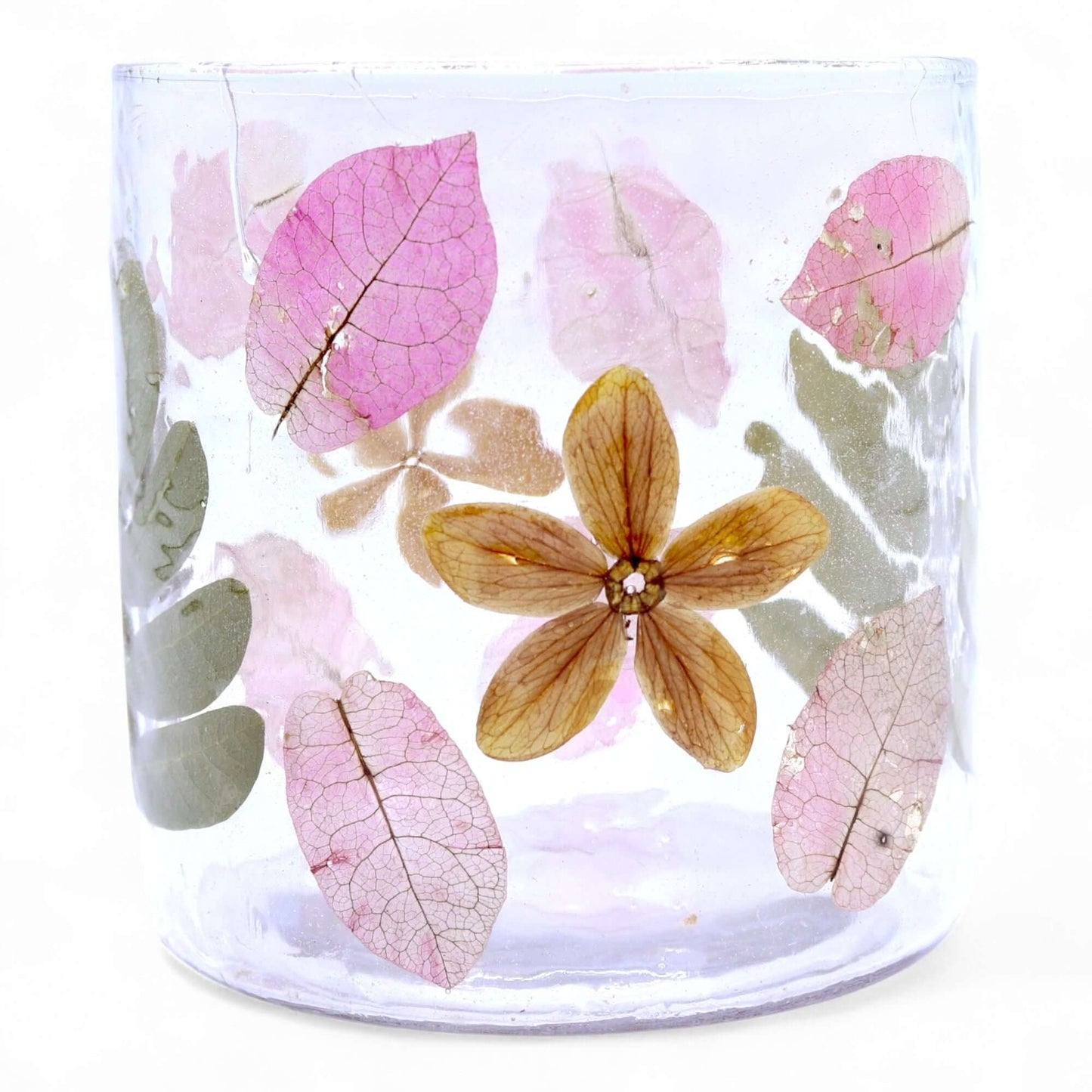 Natural Floral Glass Candle Holder featuring pressed leaves and blossoms, ideal for tea lights or small pillar candles.