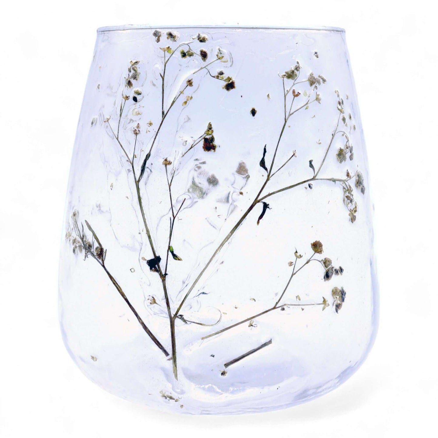 Natural Floral Glass Vase Candle Holder with dried flowers in clear recycled glass, 12x11cm, unique design.