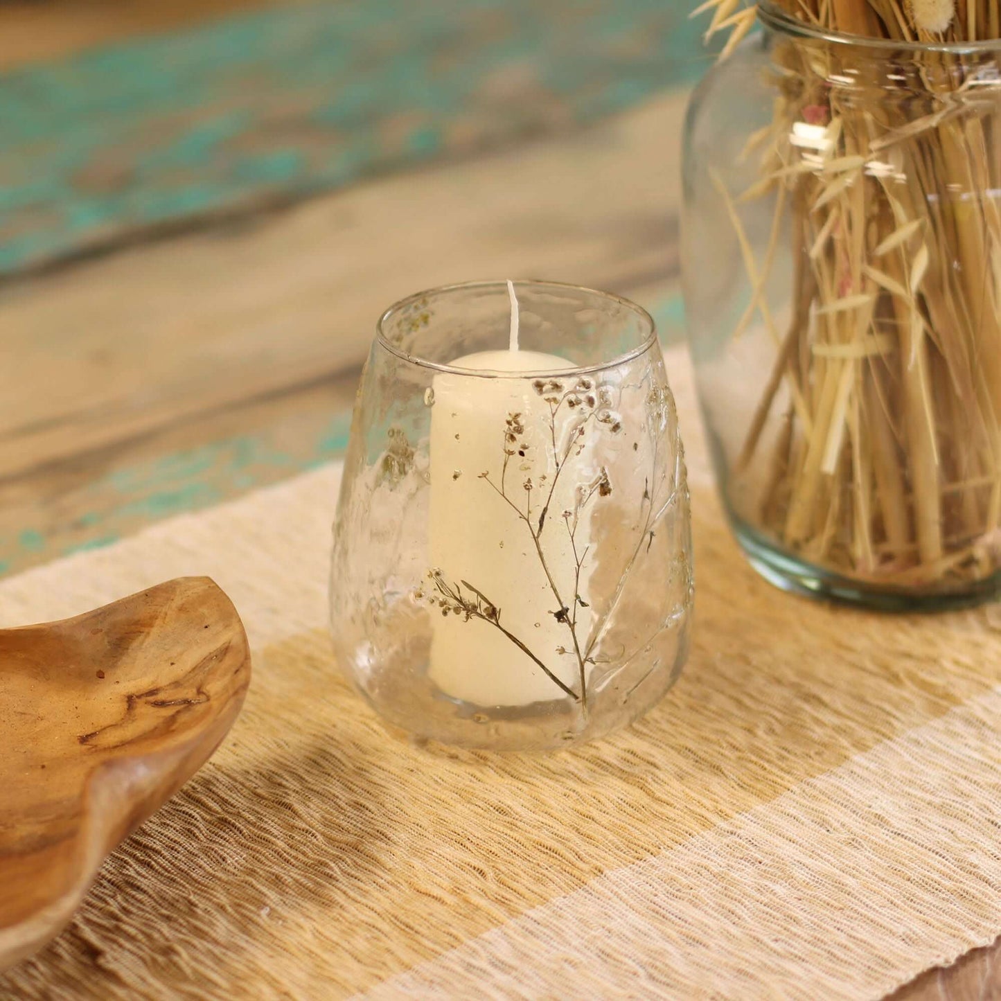 Natural Floral Glass Vase Candle Holder with dried flowers and white candle, perfect for home decor.
