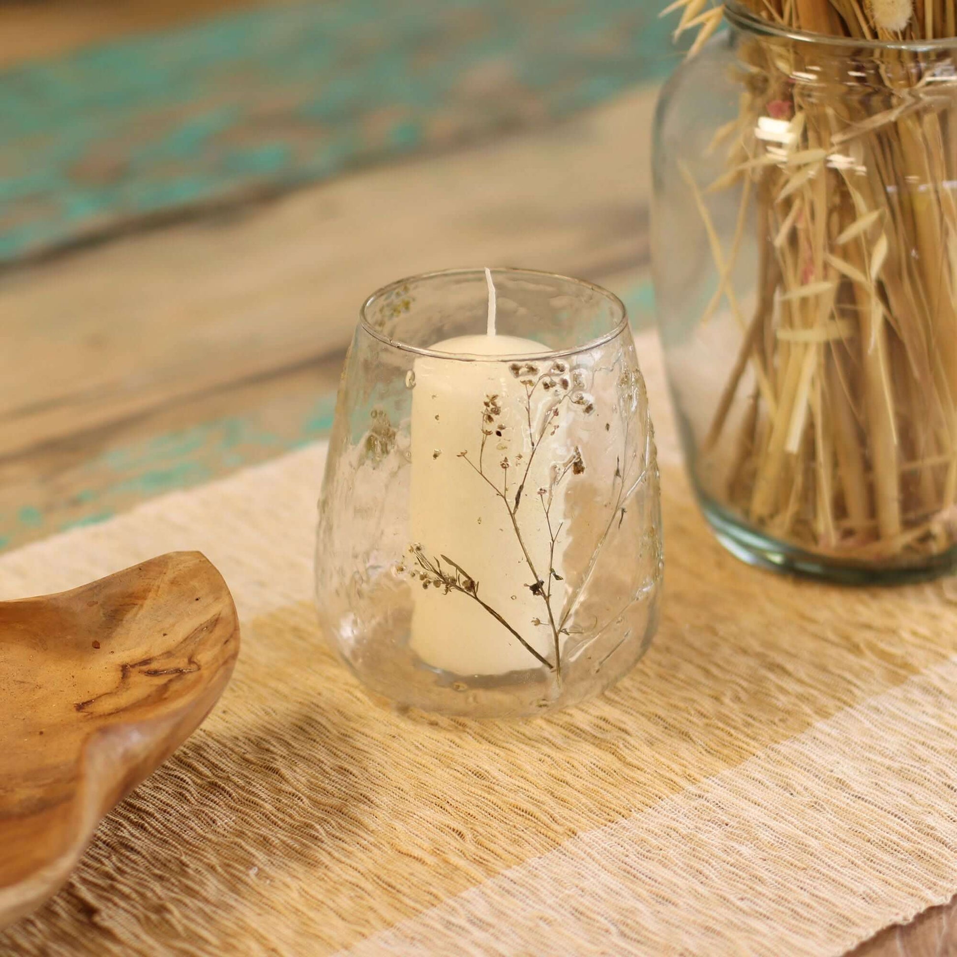 Natural Floral Glass Vase Candle Holder with dried flowers and white candle, perfect for home decor.