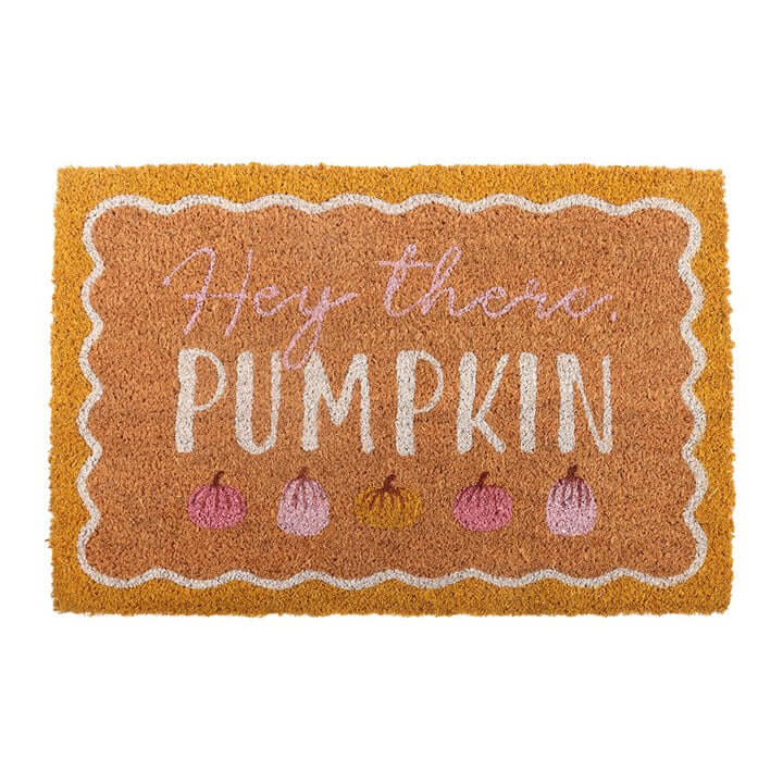 Natural Hey There Pumpkin Doormat featuring a playful design with pumpkins and welcoming text, perfect for autumn decor.