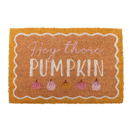 Natural Hey There Pumpkin Doormat featuring a playful design with pumpkins and welcoming text, perfect for autumn decor.