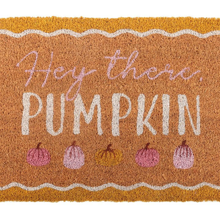 Natural Hey There Pumpkin Doormat featuring cozy pumpkin designs and a warm greeting, perfect for autumn decor.