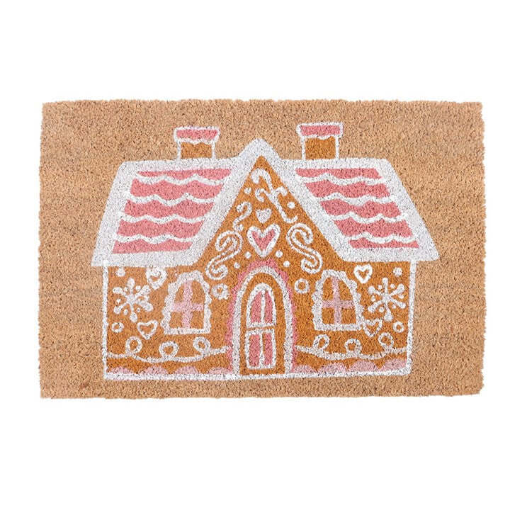 Natural Pink Gingerbread House Doormat designed for festive holiday decor, featuring whimsical gingerbread house design.