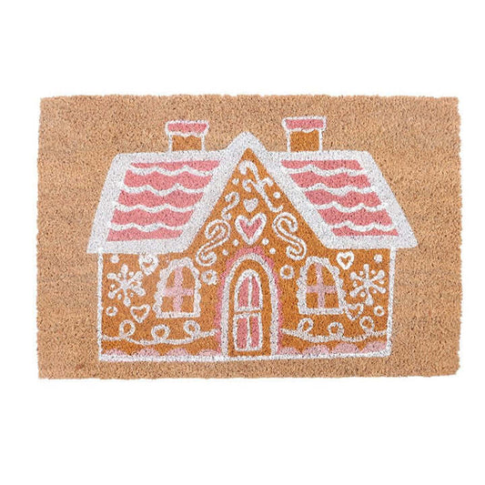 Natural Pink Gingerbread House Doormat designed for festive holiday decor, featuring whimsical gingerbread house design.