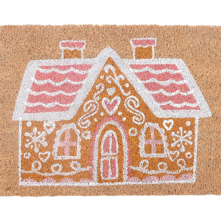 Natural Pink Gingerbread House Doormat designed with festive accents and whimsical details for a charming holiday welcome.