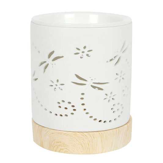 Matte Dragonfly Oil Burner with ceramic base and wood-effect finish, perfect for oils or wax melts.