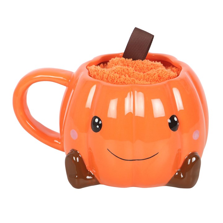 Cute Smiling Pumpkin Mug & Fluffy Socks Gift Set – Halloween Cosy Autumn Bundle-Sociodigi
