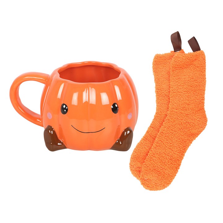 Cute Smiling Pumpkin Mug & Fluffy Socks Gift Set – Halloween Cosy Autumn Bundle-Sociodigi
