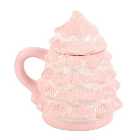 Pink Christmas tree shaped mug with removable lid for festive drinks and gifts, featuring a charming design.