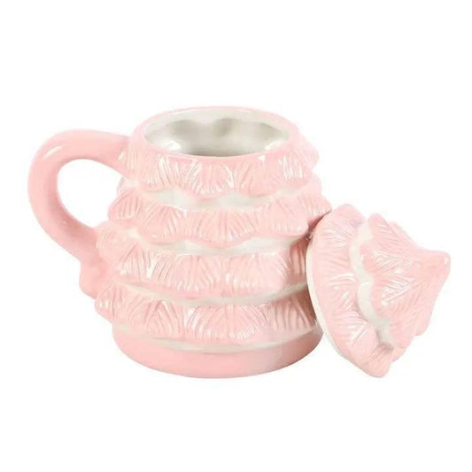 Pink Christmas Tree Shaped Mug with removable lid for festive drinks and gifts UK, perfect for cocoa and tea.