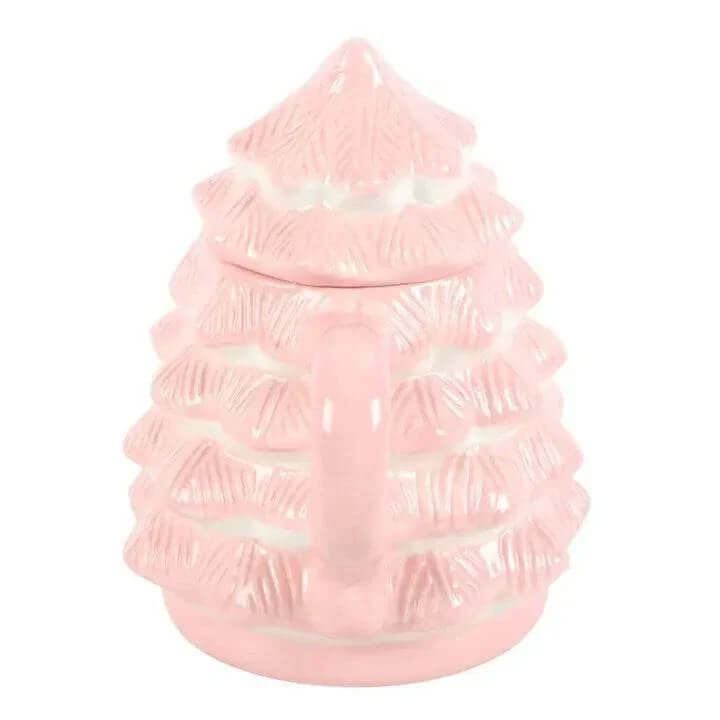 Pink Christmas tree shaped mug with removable lid for festive drinks in the UK.