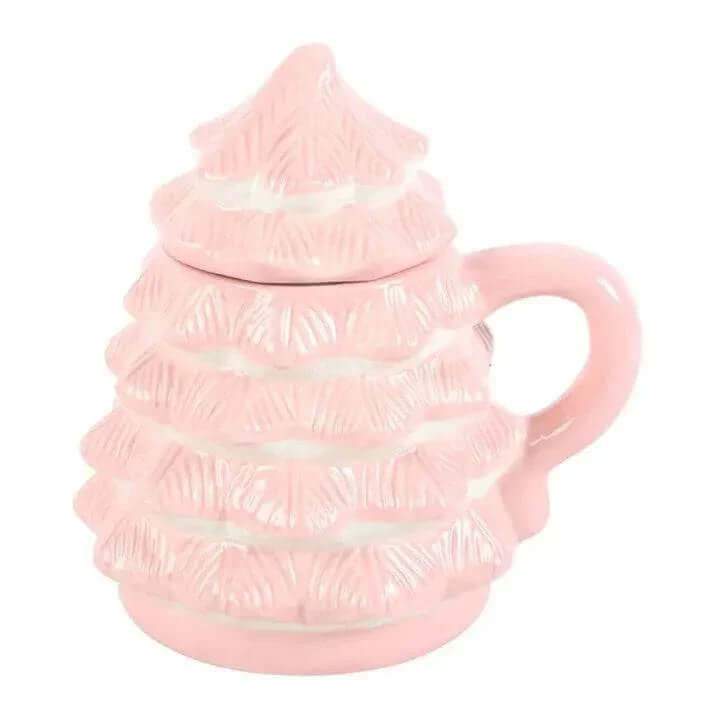 Pink Christmas tree shaped mug with removable lid for festive drinks and gifts, perfect for the holiday season. Tree Shaped Mug.