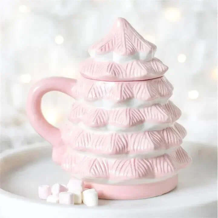 Pink Christmas tree shaped mug with removable lid, perfect for festive drinks and gifts. Tree Shaped Mug.