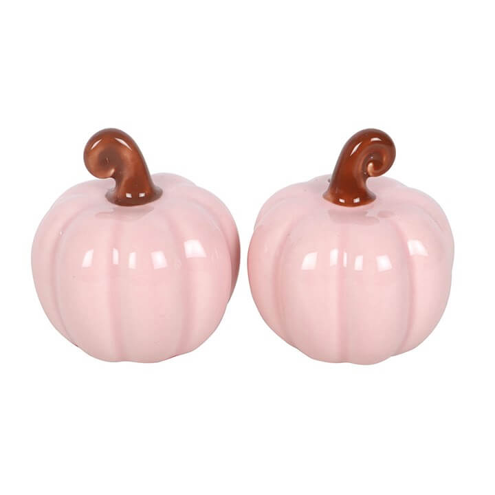 Pink Curly Pumpkin Salt and Pepper Shakers in a charming pumpkin shape with a soft pink finish for autumn décor.