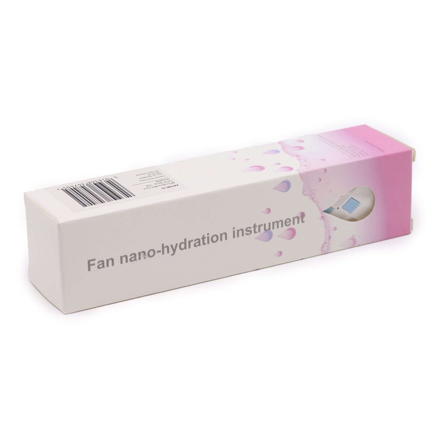 Pink packaging of a Fan Nano Mist Face Fan & Spray, showcasing the product design and branding.