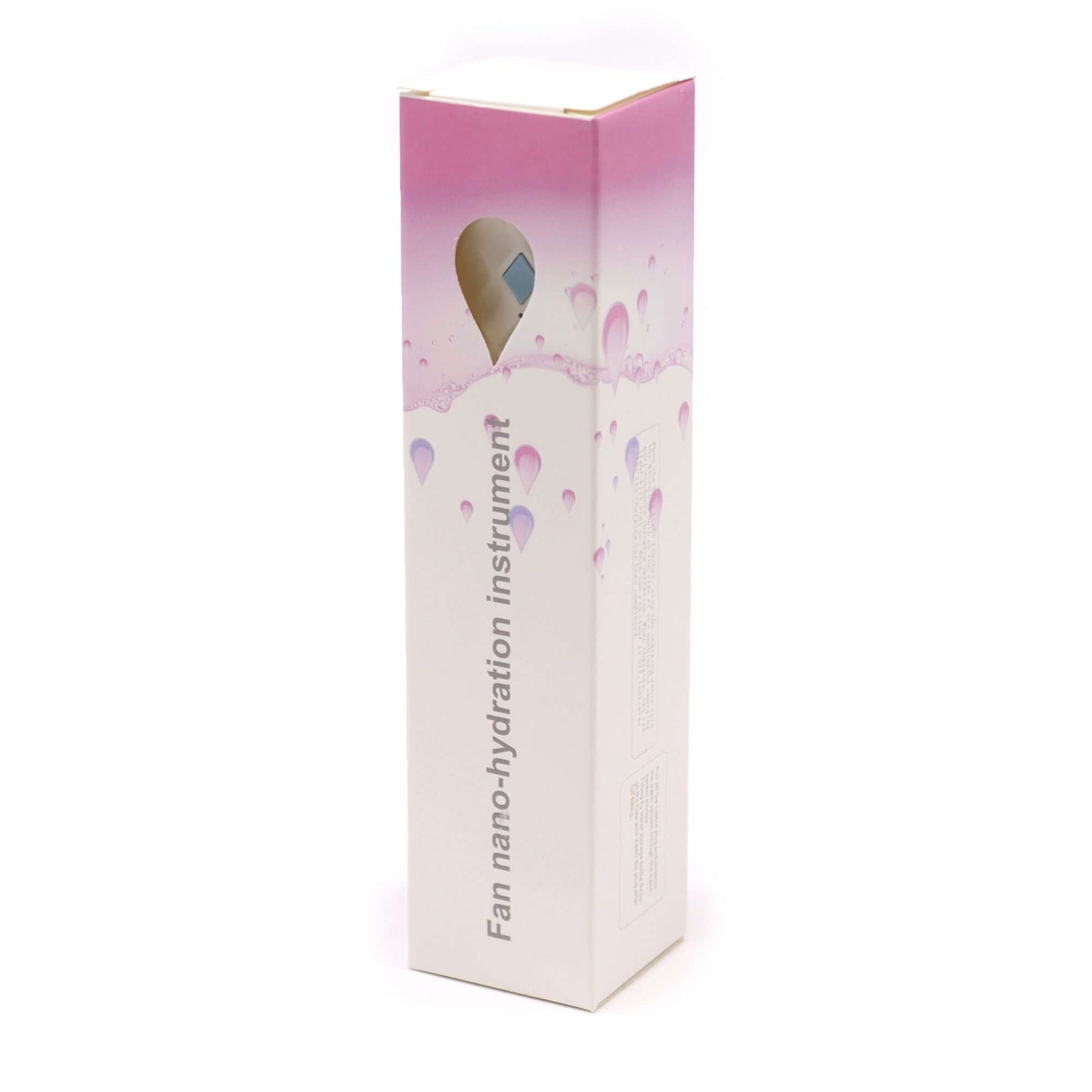 Product packaging for Pink Nano Mist Face Fan, featuring an elegant design with hydration droplets.
