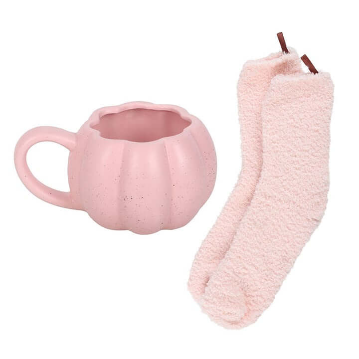 Pink Pumpkin Mug and Socks Set, featuring a cute pink pumpkin-shaped mug and soft matching socks for cozy mornings.