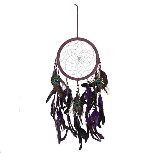 Add a touch of bohemian elegance to your space with this stunning Purple Peacock Feather Dreamcatcher. Featuring rich purple tones, intricate stitching, and eye-catching peacock feathers, this large dreamcatcher makes a beautiful statement piece for any r