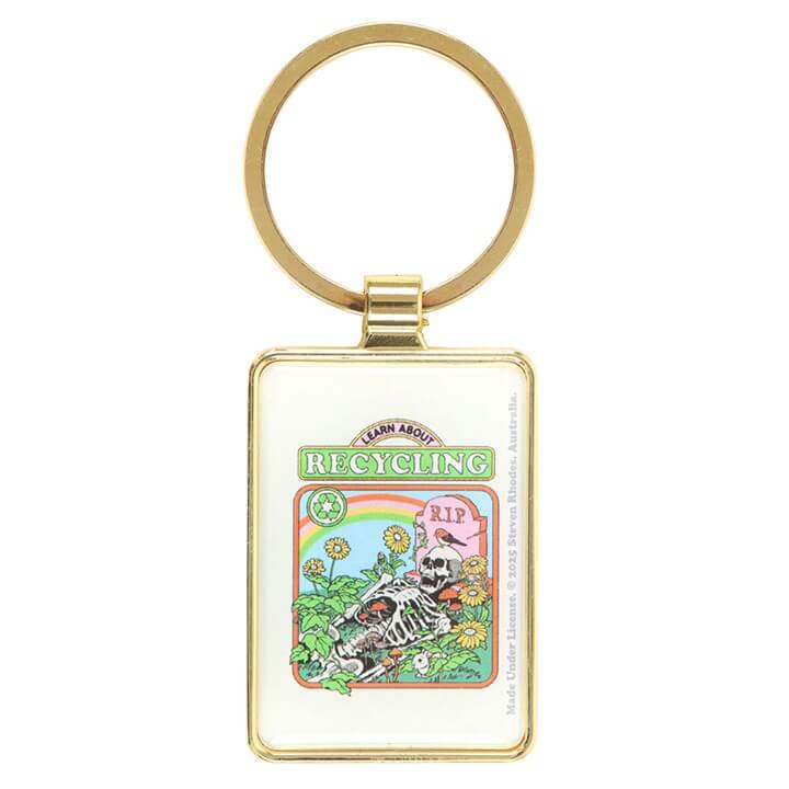 Keychain with recycling-themed design on a white background