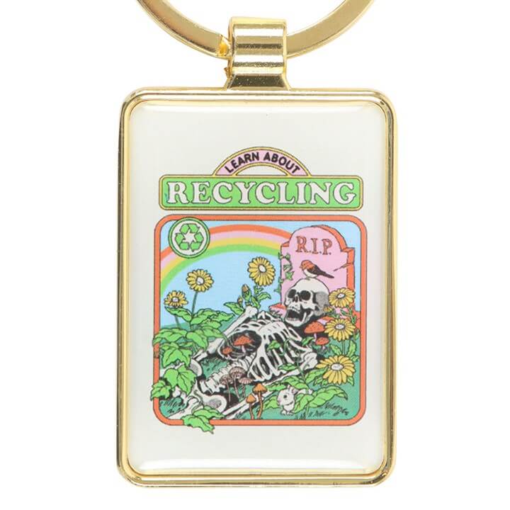 Keychain with recycling-themed design featuring a skeleton and flowers on a white background