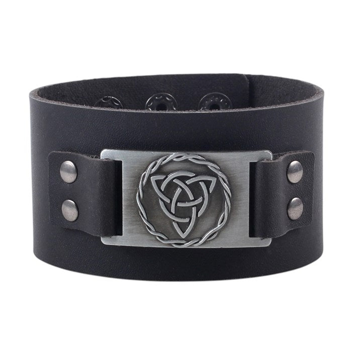 Black Celtic Triquetra Knot Leather Cuff Bracelet