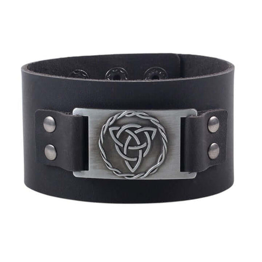 Black Celtic Triquetra Knot Leather Cuff Bracelet