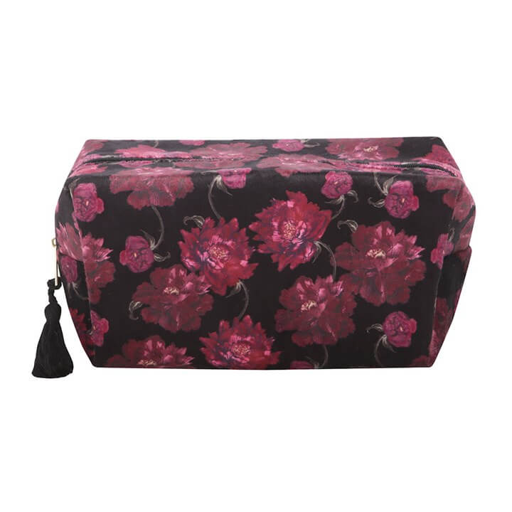 Floral patterned pouch with a tassel on a white background