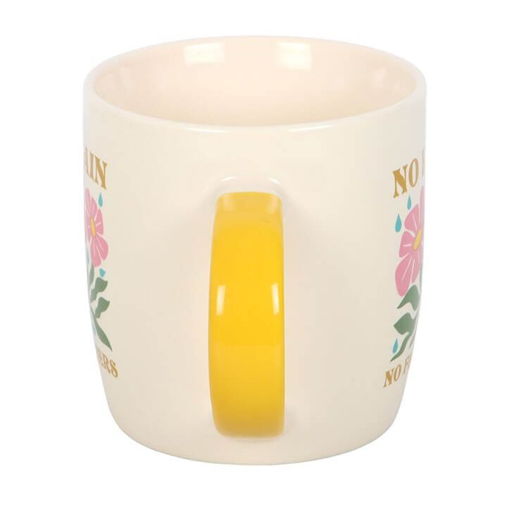 No Rain, No Flowers Mug with pink flower design and cheerful yellow handle, perfect for daily positivity.