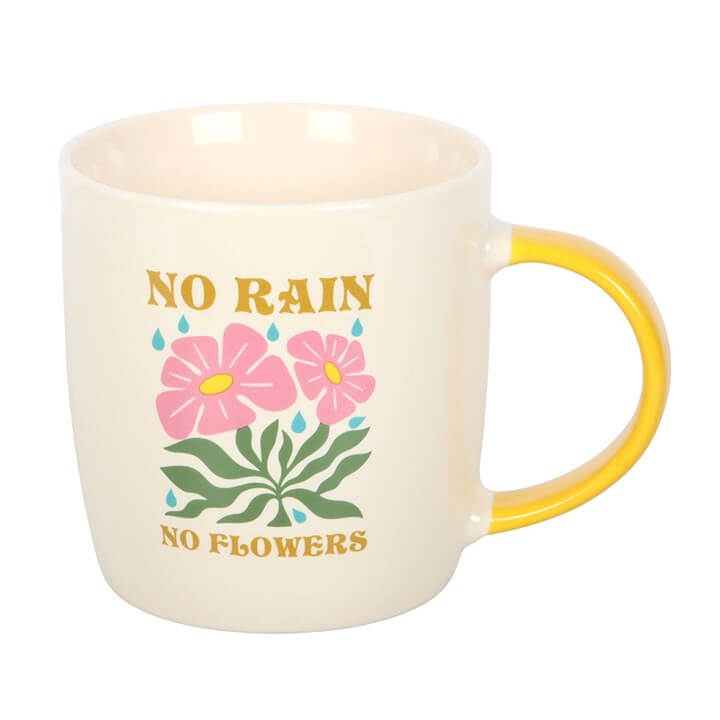 No Rain, No Flowers Mug with cheerful yellow handle and uplifting flower design, perfect for brightening your day.
