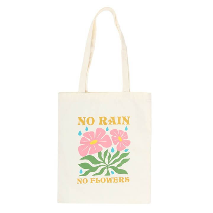 Tote bag with floral design and 'No Rain No Flowers' text on a white background