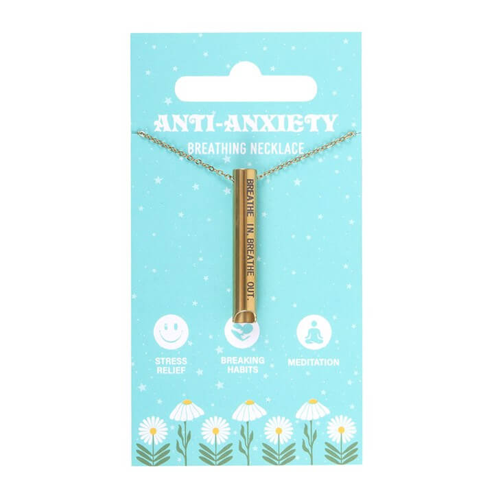 Anti-Anxiety Breathing Necklace on display card, designed to promote mindful breathing and stress relief. Breathing Necklace.