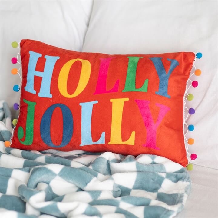 Red Holly Jolly Cushion with Pom Poms-Sociodigi